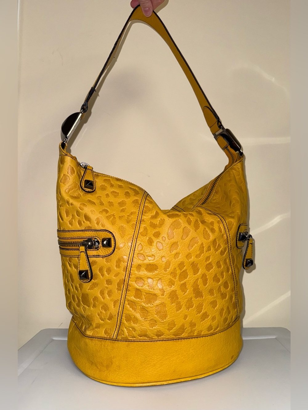 Betsey Johnson Y2K Mustard Yellow Leather Leopard Embossed Shoulder Bag Tote